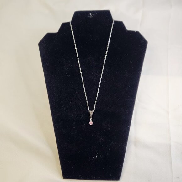 Silver Toned Necklace with Pink Crystal/ Artificial Diamond, Handcrafted - Picture 3 of 4